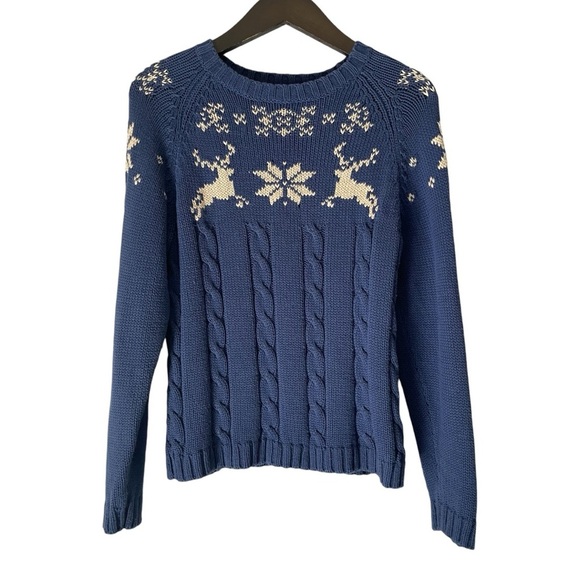 Lands' End Sweaters - Land’s End Vintage 90’s Blue Cable Knit Fair Isle Reindeer Snowflake Sweater Med